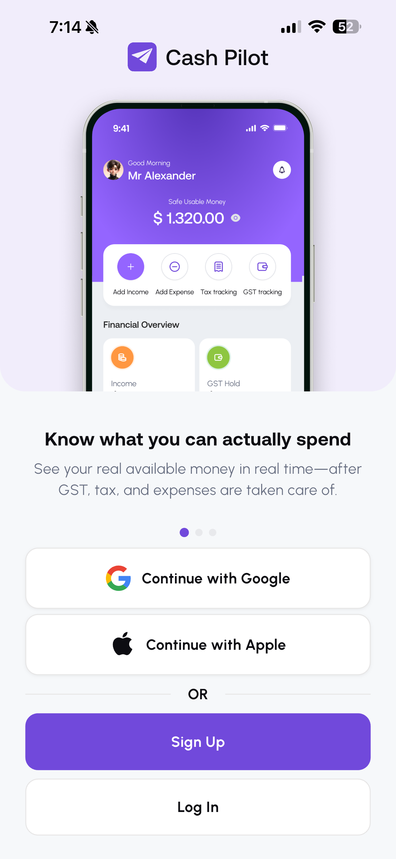 Cash Pilot onboarding screen